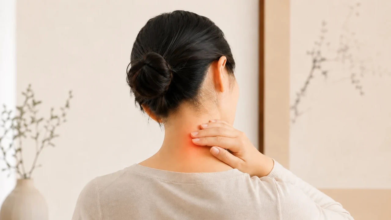 목 통증과 어깨 높이 차이를 살펴보는 대표 이미지